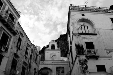 Black and White Atrani Ancient  Church Clock, in Amalfi Coast - Italyのeditorial素材