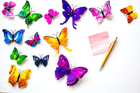 Post card with a blanked post it and  colored butterflies - elegant greeting card concept - writing letterの写真素材
