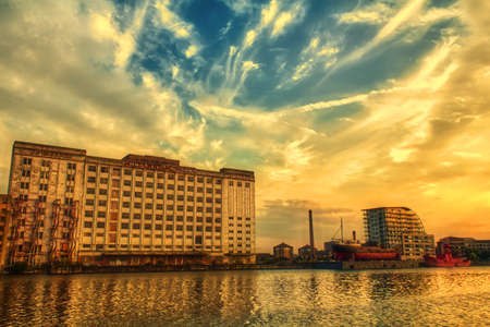 Beautiful Sunset over river with a dramatic skyの写真素材