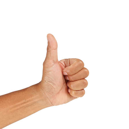 Asian Old man hand with thumb up isolated on white backgroundの写真素材