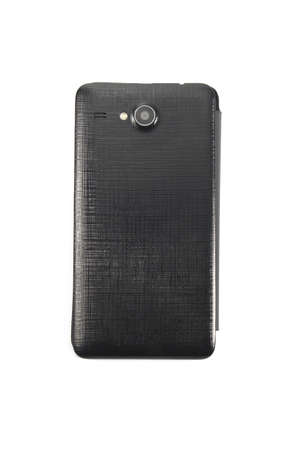 Black smartphone back cover with camera isolated on whiteの写真素材