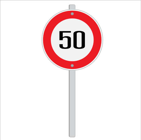 Speed limit 50 road sign on a pole vector illustration.のイラスト素材