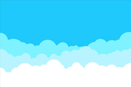 Blue sky with white clouds background. Border of clouds. Simple cartoon design. Flat style vector illustration.のイラスト素材