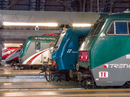Trenitalia locomotives at Milano Centrale Station at night.のeditorial素材
