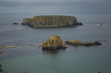 Rocky formations on the coast of Northern Ireland. Tall grassy cliffs are hit by several waves