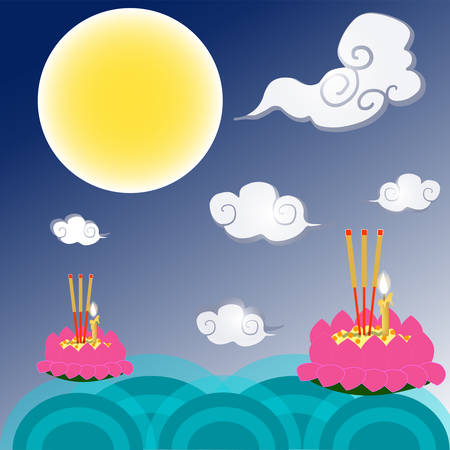 Loi Krathong tradition is Thai culture. Design images of Krathong in the river, clouds, moon, stars, fireworks on a blue backgroundのイラスト素材