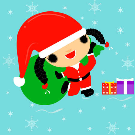 Merry Christmas vector illustration - a braid girl dressed up as a Santa Claus wearing a hat. Carrying a gift bag on the eve of Christmas Annual December of every yearのイラスト素材