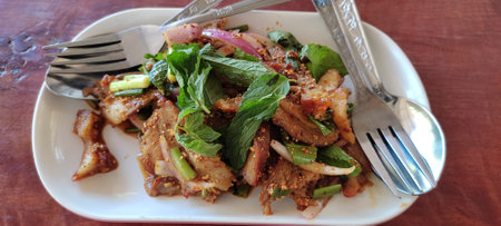 Namtok Tho, grilled pork, Thai food menu, spicy flavor, with shallots, roasted rice as an ingredient, flavor and deliciousness from spices, chili, lime, fish sauce, topped with minの写真素材