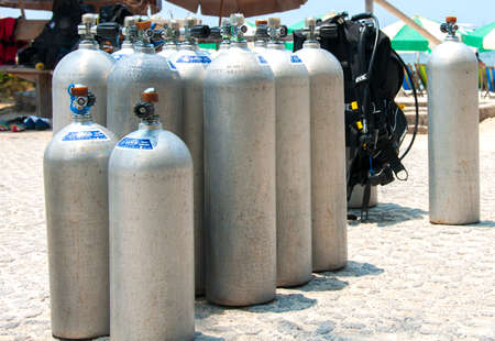 KOH NANGYUAN, THAILAND -MARCH 12: Unidentified Scuba tank and some equipment at Koh Nangyuan , Thailand on March 12, 2015. Koh Nangyuan is one of the most beautiful beaches in Thailand.のeditorial素材