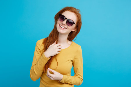 Travel concept - Close up Portrait young beautiful attractive ginger red hair girl with trendy...