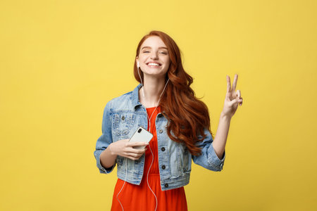Liftstyle: Portrait of a pretty smiling caucasian woman in headphones listening to music and showing...