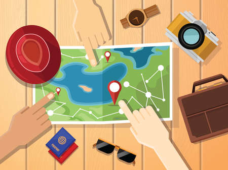Hands of travelers pointing at map for planing trip. Bag, passports, camera ,hat and sunglasses is all you need for traveling concept.のイラスト素材