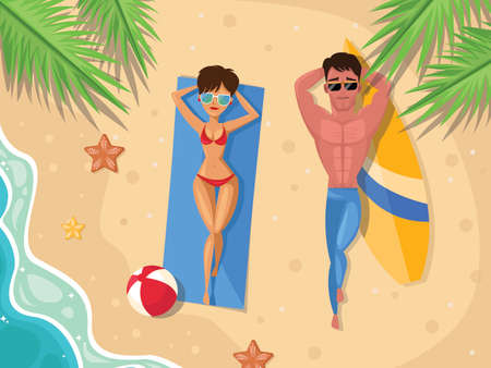 Summer Concept - Couple on the beach top view. Man and Woman sunbathing on beachのイラスト素材