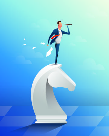 Businessman on top of horse chess piece using telescope looking for success, opportunities, future business trends. Successful business strategy concept. Cartoon Vector Illustrationのイラスト素材
