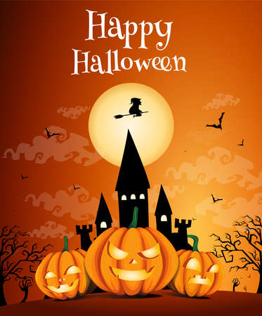 Happy Halloween night background with dark castle and pumpkins, Vector illustrationのイラスト素材
