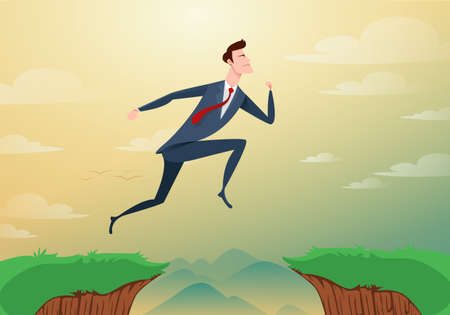 Businessman jump through the gap obstacles between hill to success. Running and jump over cliffs. Business risk and success concept. Cartoon Vector Illustrationの写真素材