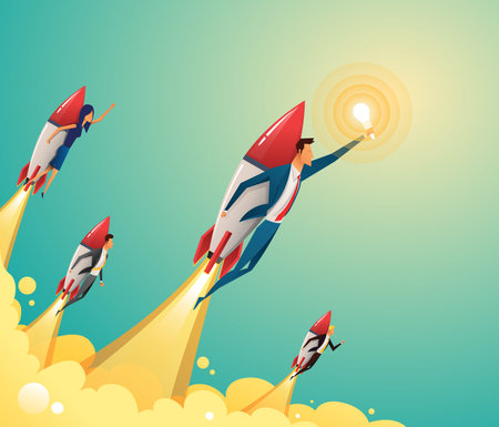 Businessmen team standing on rocket ship flying through on sky. Start up business concept. Vector...