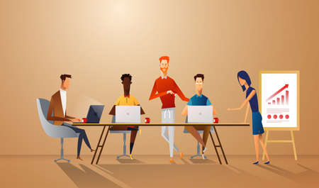 Successful team gathering. Group of young people, startup company celebrating completed task, job, or common project, entrepreneurial venture. Vector business concept flat style cartoon illustration.のイラスト素材