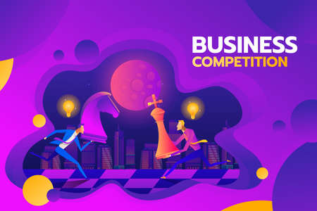 Concept of business competition. Businessmen hold chess pieces in hands of punching as a symbol of rivalry, competition, corporate conflict. Vector illustration, flat design. Hitting chess figures.の写真素材
