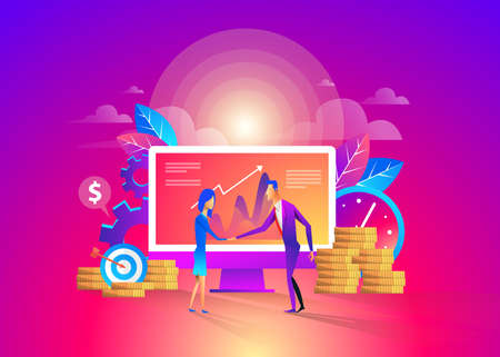 Concept of investment in the business. Two businessmen shake hands, signing an agreement. Vector illustration in a flat style.の写真素材