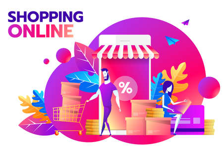 A couple and smartphone with percent discount icon on the screen. Smart retail, retail mobility solutions and smart city concept, violet and red palette. Vector illustration on background.のイラスト素材