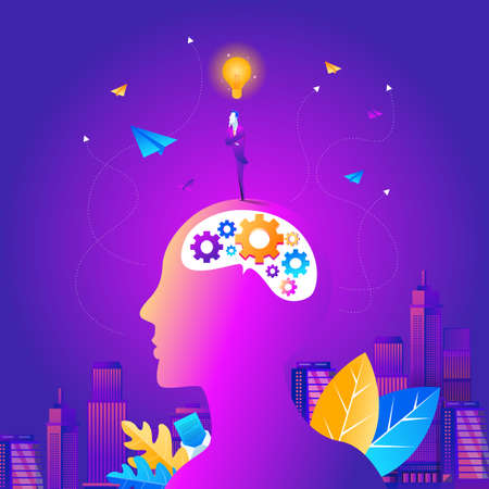 silhouette of the head, brain, and pulses. process of human thinking. The concept of intelligence. People communication with the outside worldの写真素材