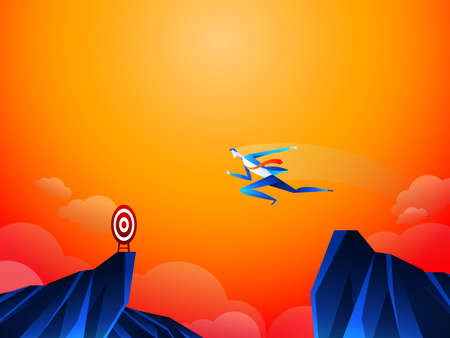 Fearless brave businessman make risk by jump over the ravine, cliff, chasm to reach his success target challenge of his career.のイラスト素材