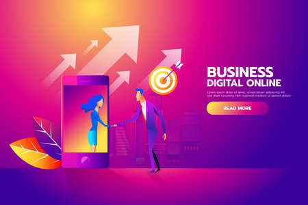 Flat design isometric vector concept with man and woman shaking hands through mobile screen for business mobile network connections, e-mail marketing, people chatting.のイラスト素材
