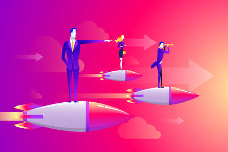 Businessmen team standing on rocket ship flying through on sky. Start up business concept. Vector flat.のイラスト素材