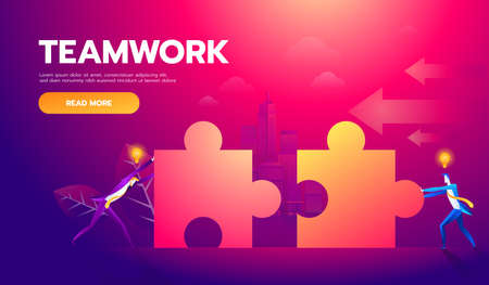 Business teamwork concept. Two businessmen connecting puzzle elements. Vector illustration flat style design metaphor. Combining two pieces. Symbol of working together, cooperation, partnershipのイラスト素材