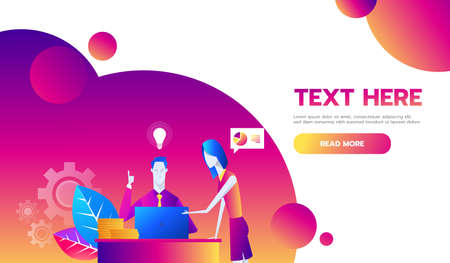 Vector illustration. Training of office staff. Increase sales and skills. Team thinking and brainstorming. Analytics of company information.のイラスト素材