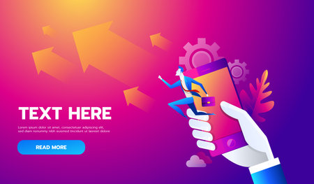 Business people runing on up graph path to goal on mobile. Vector illustration.のイラスト素材