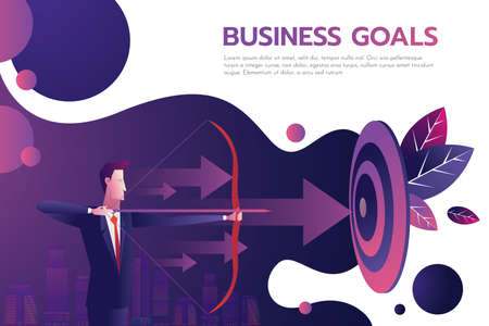 Successful businessman hold arrow in hand, achievement goal. Aim in business concept. Target isolated background. Vector illustration flat design. Aspirational people. Mission achieved.のイラスト素材