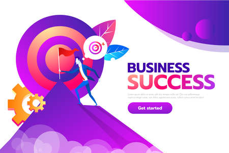 Concept of business goal success. Businessman holds flag standing on top of mountain celebrating their success. Cartoon Vector Illustrationのイラスト素材