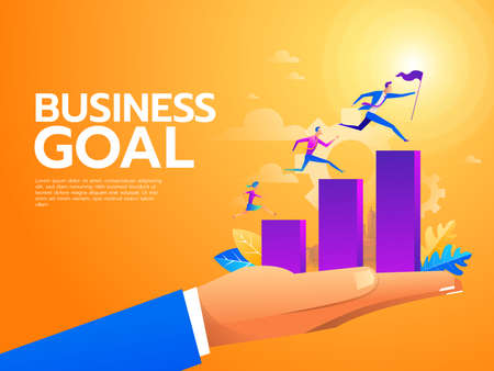 Flat Business People Climbing Up The Stairs. Career Ladder with Characters. Team Work, Partnership, Leadership Concept. Vector illustrationのイラスト素材