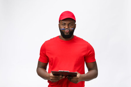 Delivery Concept - Portrait of Serious African American delivery man showing silly aggressive...