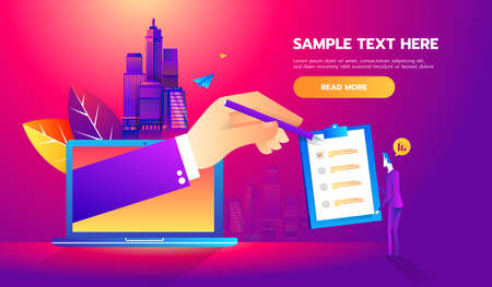 Business man partnership beginning. Partners online signing contract agreement closing deal. Modern flat style thin line vector illustrationのイラスト素材