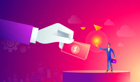 Businessman with light bulb and other hand giving money. Crowdfunding, innovation, idea, investments concept. Flat style icons. vector illustration.のイラスト素材