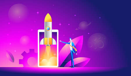 Launch of a mobile application is an isometric illustration. takeoff rocket or spacecraft over the mobile phone.のイラスト素材