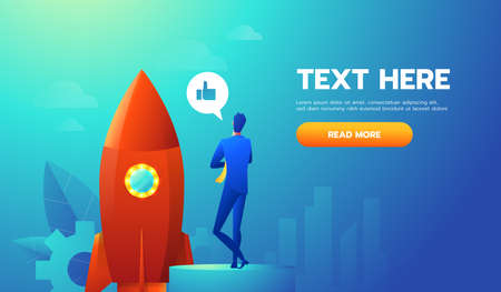 businessman launches rocket into the sky, employee performs the start-up of the spacecraft. Business startup conceptのイラスト素材