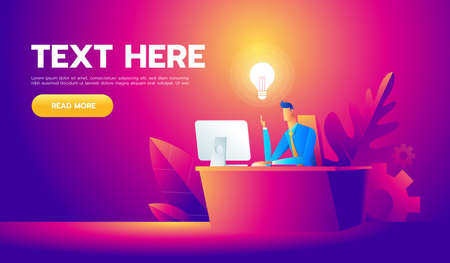 Happy businessman working at his desk and creating a lot of idea bulbs. Business idea concept.のイラスト素材