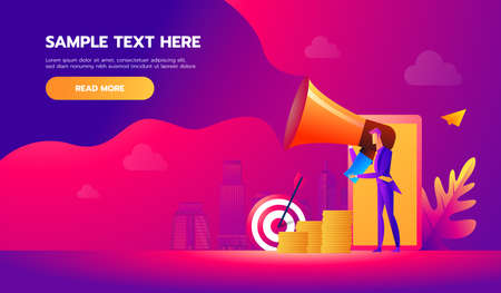 Handsome businessman in formal suit holding megaphone and shouting in it. Happy manager with bullhorn. Business concept. Vector design illustrationのイラスト素材