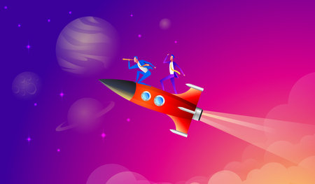 Business team go high to success on a rocket. Vector flat style cartoon illustration