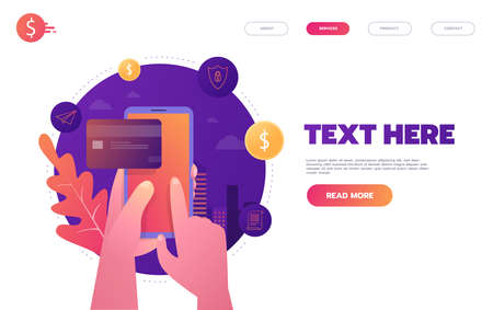 Online banking, mobile payment, pay per click, money transfer concept. Flat design style vector illustrationのイラスト素材