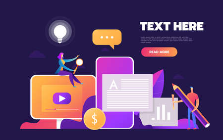 Search concept - flat design colorful illustration. A composition with male, female colleagues looking for data, document with a magnifying glass.のイラスト素材