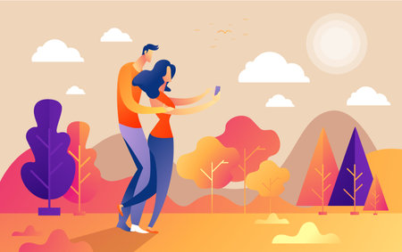 Hello autumn, couple guy and girl characters selfie along the path in the park, fall, autumn leaves, vector, illustration, cartoon style, isolated.のイラスト素材
