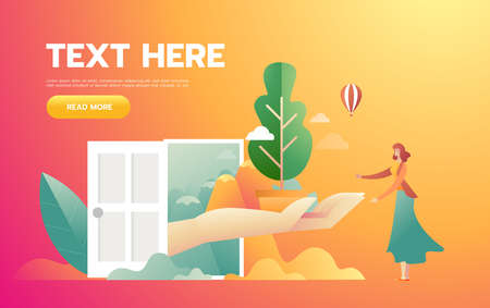 The girl with orange dress holding a plant. Climate change concept. Vector cartoon illustration. Characterのイラスト素材