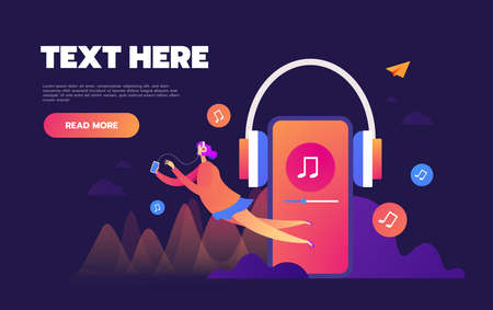 Concept of internet online music streaming listening, people relax listen. Music applications, playlist online songs. Music blog, vector Illustrationのイラスト素材