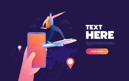 Smartphone application for buying flight tickets. Vector 3d illustration of phone and airplene. Online travel agency concept.のイラスト素材