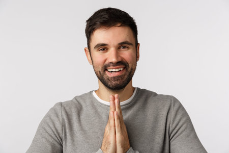 Grateful pleased good-looking bearded man express gratitude and pleasure meet someone, bow politely...